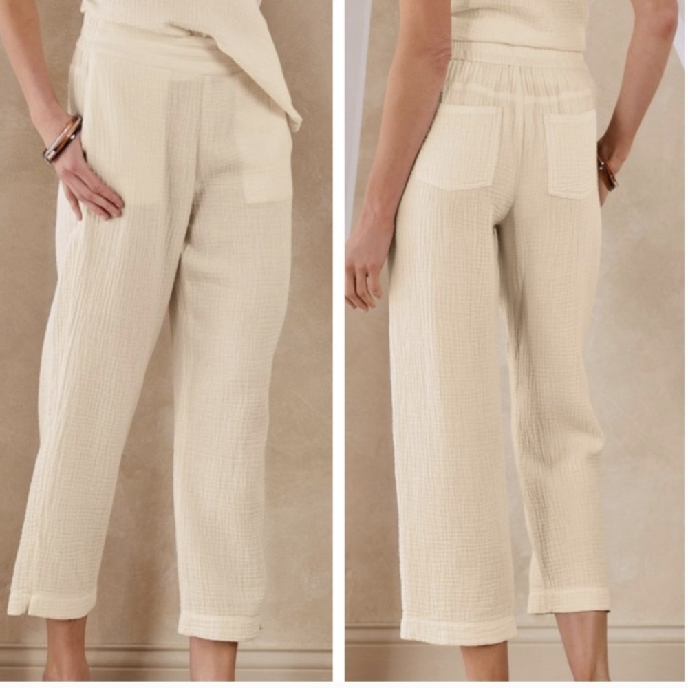Soft Surroundings Cotton Gauze Cream Textured Pants Beach 1X Cropped Summer Plus